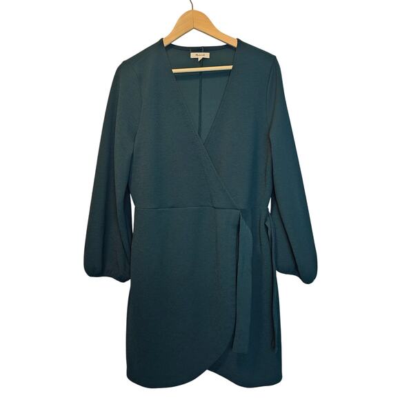 Madewell Faux Wrap Long-Sleeve Side-Tie Mini Stretch Dress Green Size XL - Picture 4 of 13